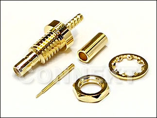 SSMB 50ohm Buchse für Kabel (Durchführung, Crimp) - SSMB-Anschluss, Ferrule, Mittelstift, Unterlegscheibe und Mutter